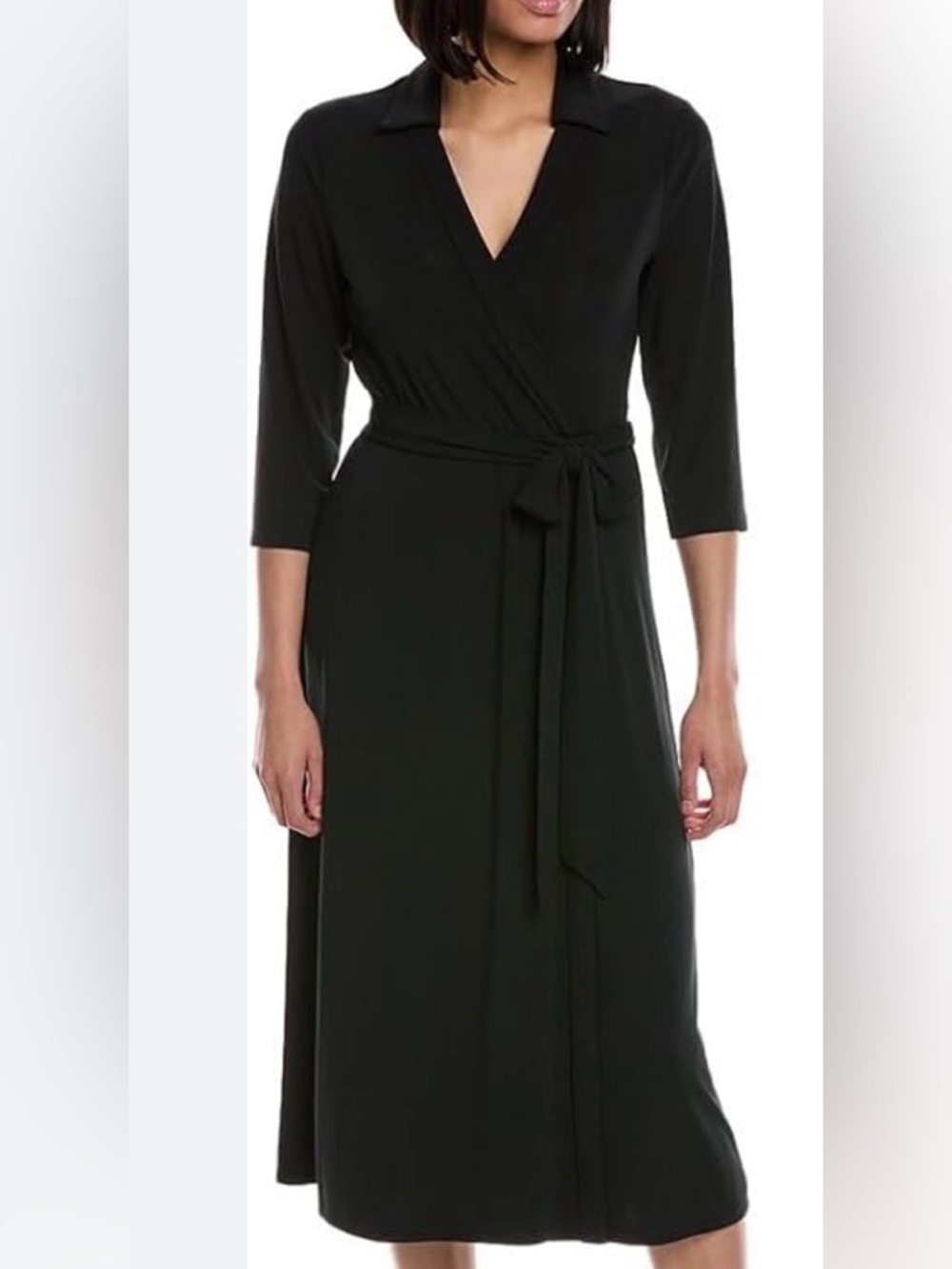 Worthington Black Wrap Midi Dress with Tie Waist